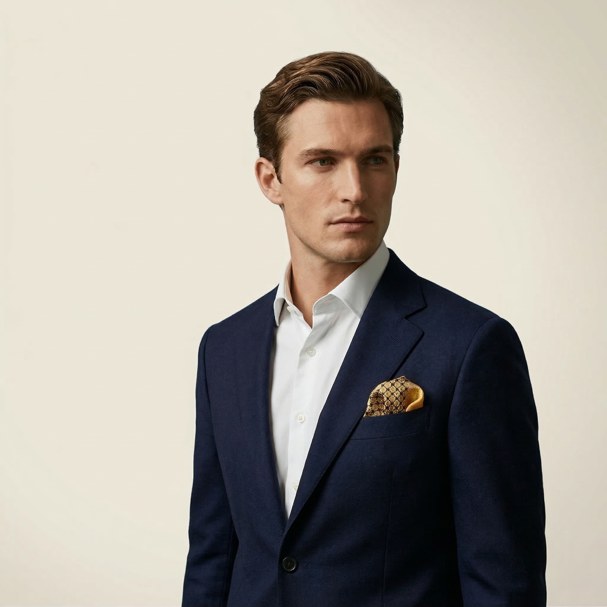 100% silk Matrix Gold Pocket Square has a futuristic geometric design that reveals, on closer inspection, repeating graphic lines and patterns across the surface. Square is shown folded into the model's blue suit jacket pocket. 