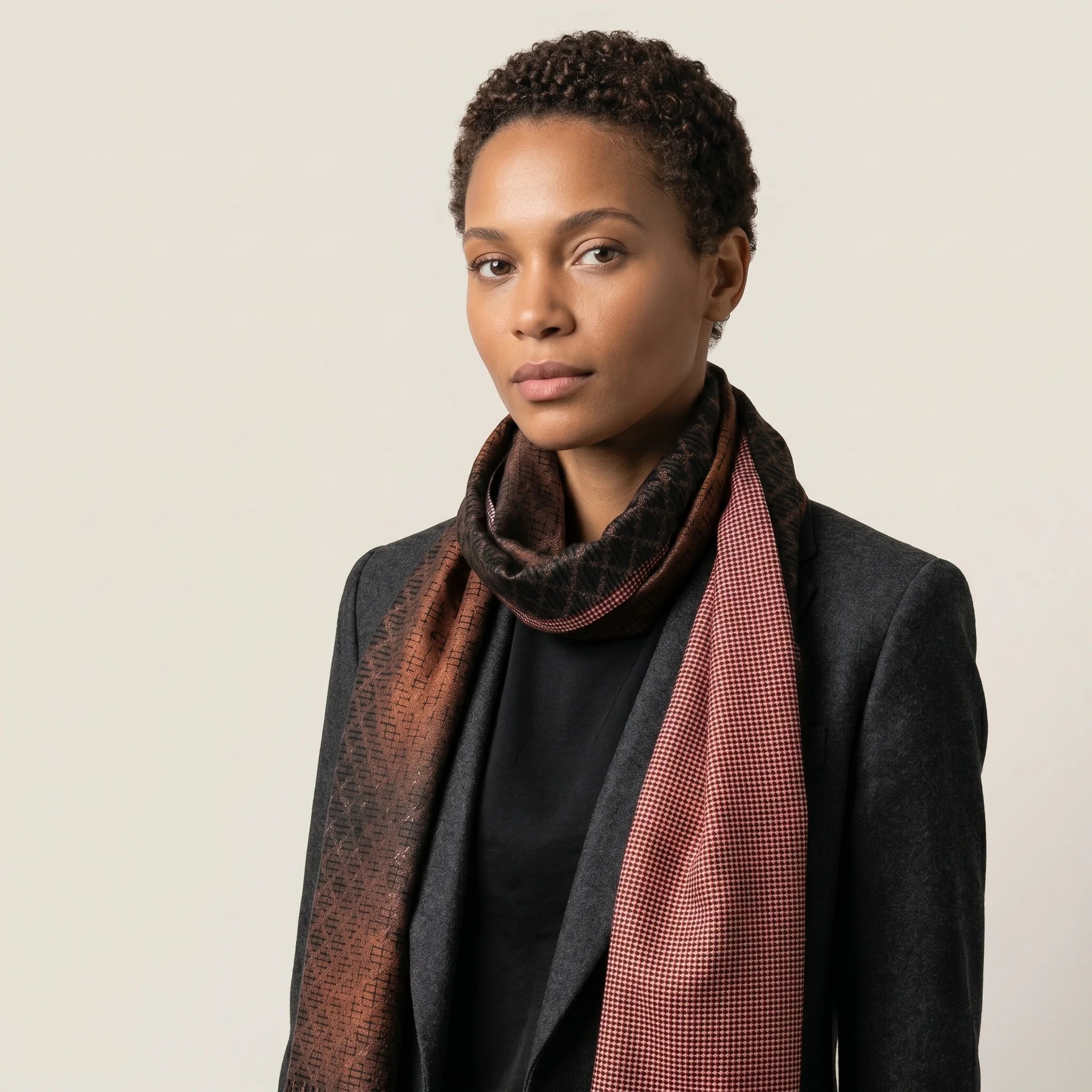 Laslett England Mosaic Copper Silk Oblong worn looped at neck by female model in charcoal jacket, showing warm copper and brown trellis print on silk twill.