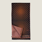Laslett England Mosaic Copper Silk Oblong folded flat showing both sides, copper trellis print alongside terracotta micro check on 100% silk twill with pin-fringed hem.