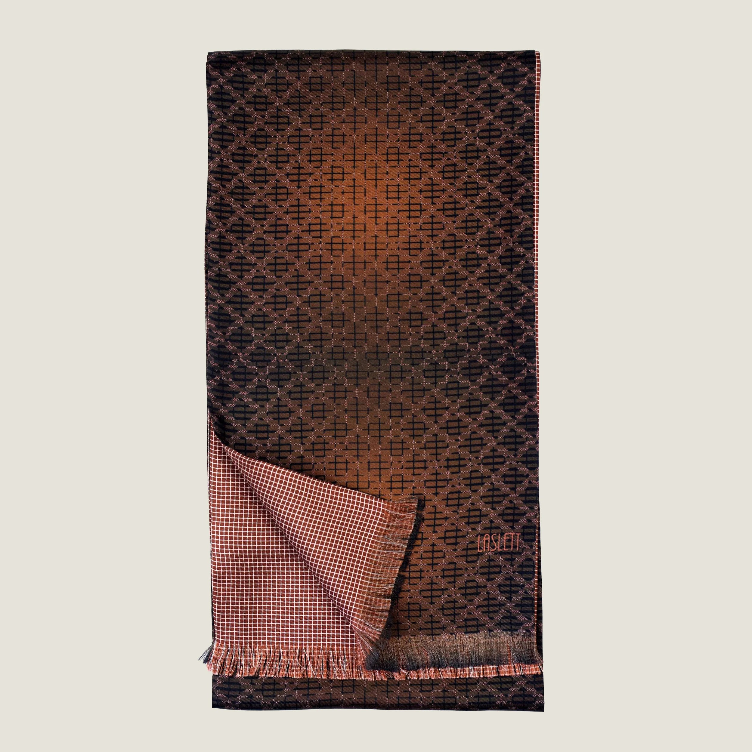 Laslett England Mosaic Copper Silk Oblong folded flat showing both sides, copper trellis print alongside terracotta micro check on 100% silk twill with pin-fringed hem.