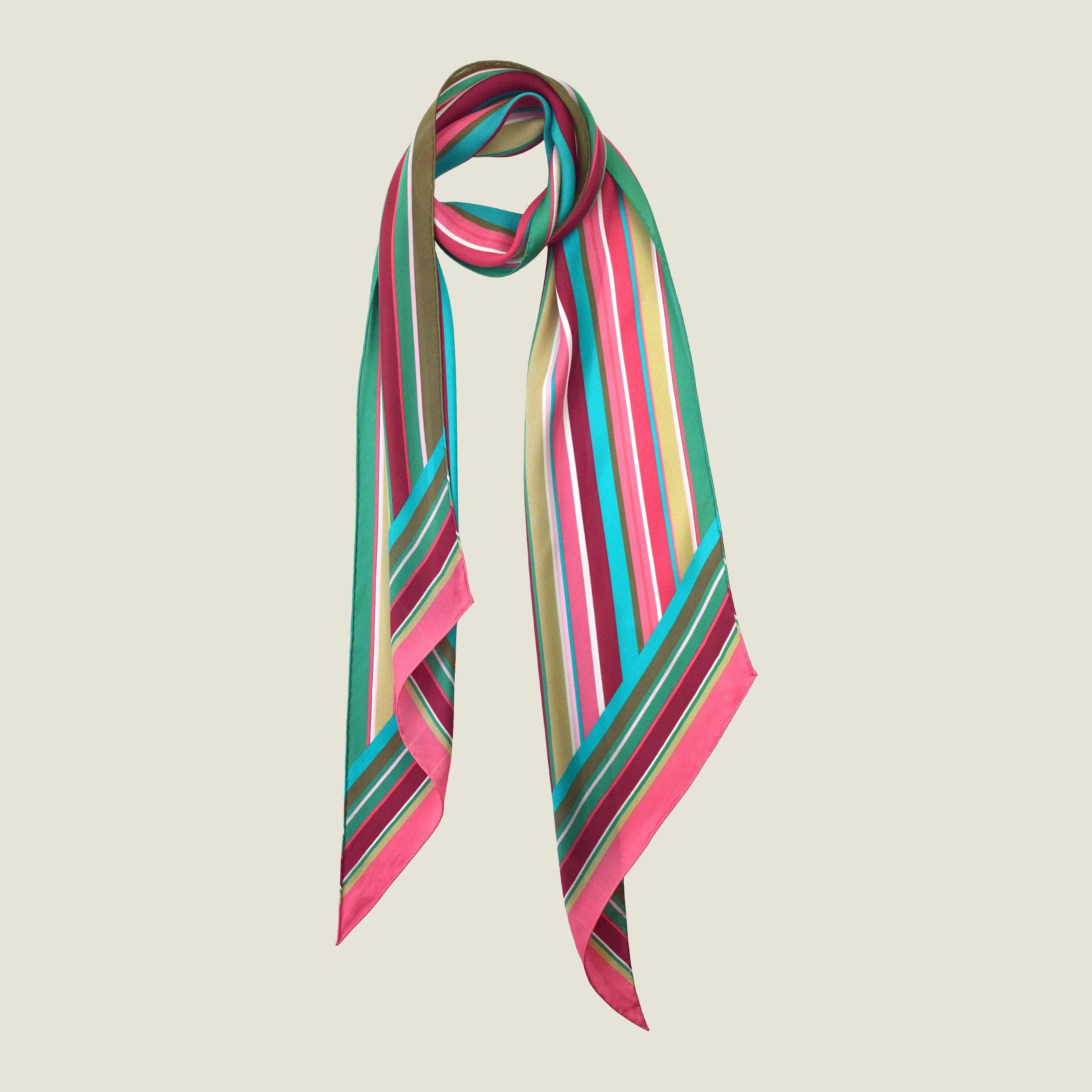 100% silk Seaside Vintage Chiffon Stole in pink and green by Laslett England. Stole shown looped once around the neck. 